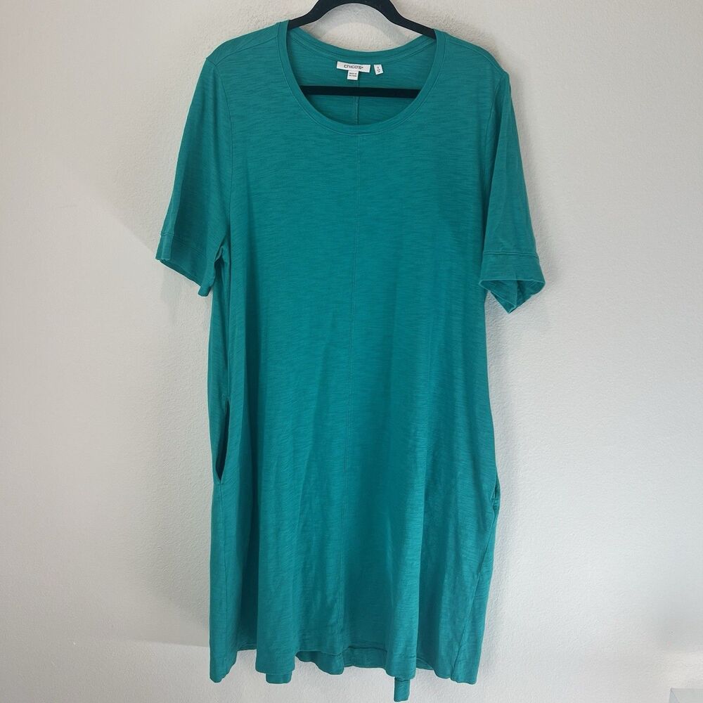 Chicos Dress Womens Green Short Sleeve Cotton Blend Pockets Size 16 Casual